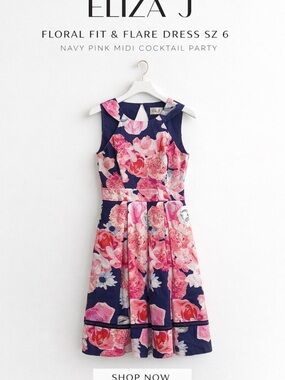 Eliza J Navy Dress with Pink Floral Print